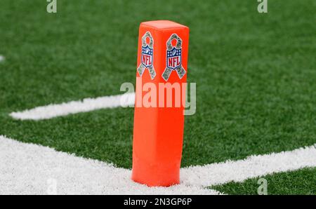 A Salute to Service ribbon is seen on the back of the helmet of Minnesota  Vikings tight end Irv Smith Jr. during the first half of an NFL football  game against the