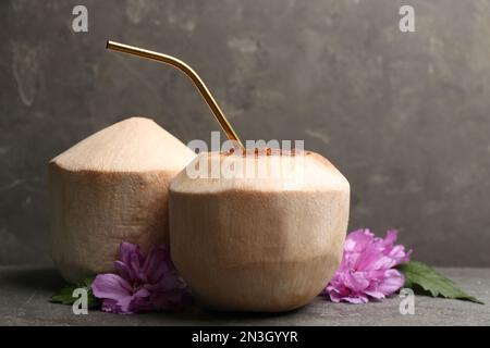 Young peeled coconuts with straw, palm leaf and beautiful flower on grey table Stock Photo