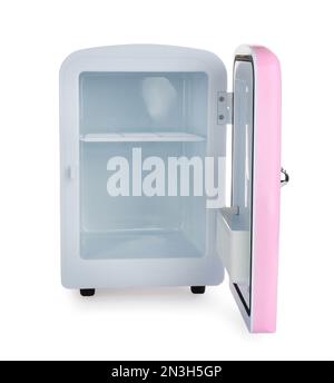 Open pink cosmetics refrigerator isolated on white Stock Photo