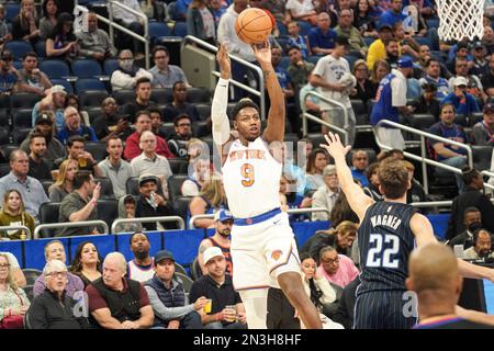 Orlando, Florida, USA, February 7, 2023, New York Knicks Guard RJ Barrett #9 shoots a three in the first half at the Amway Center.  (Photo Credit:  Marty Jean-Louis) Stock Photo