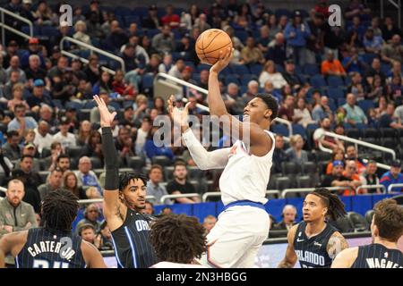 Orlando, Florida, USA, February 7, 2023, New York Knicks Guard RJ Barrett #9 attempt to make a basket in the first half at the Amway Center.  (Photo Credit:  Marty Jean-Louis) Stock Photo