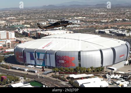 Glendale, United States. 06th Feb, 2023. A U.S Customs and Border Protection Air and Marine Operations UH-60 Black Hawk helicopter conducts a flyover of State Farm Stadium during a security check in advance of Super Bowl LVII, February 6, 2023 in Glendale, Arizona. Credit: Glenn Fawcett/CBP Photos/Alamy Live News Stock Photo