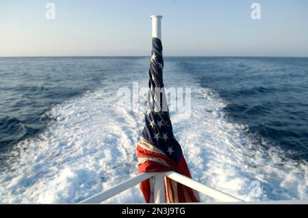 American flag on a ferry from Long Beach to Catalina Island, California, USA; Catalina, California, United States of America Stock Photo