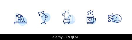 Working or studying from home attributes icons set. Bookshelf, desk lamp, cactus, hot coffee in a mug and sleeping cat.  Stock Vector