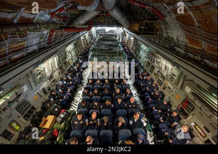 Dover, United States. 07th Feb, 2023. Civilian Urban Search and Rescue members from Fairfax Disaster Assistance Response Team sit inside a U.S Air Force C-17 Globemaster III cargo aircraft as they prepare for departure at Dover Air Force Base, February 7, 2023 in Dover, Delaware. The U.S. Agency for International Development is mobilizing emergency humanitarian assistance to respond to the massive destruction following a 7.8 earthquake in Turkey. Credit: SrA Faith Barron/US Air Force Photo/Alamy Live News Stock Photo