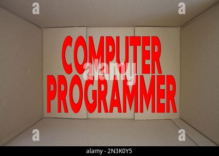 Computer Programmer word with cardboard box. Brown folded card box ...