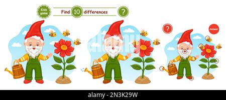 Cute garden gnome hold watering can, find differences puzzle education children game. Fairy small gardening elf dwarf. Bees fly under flower. Vector Stock Vector