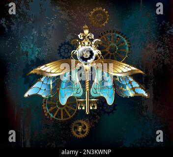 Antique, jewelry, gold key with white watch, decorated with transparent, blue insect wings on worn, brown, steampunk background. Steampunk style. Stock Vector