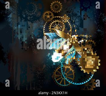 Steampunk firefly with blue transparent wings and green light bulb on worn, brown, textured background. Steampunk style. Stock Vector