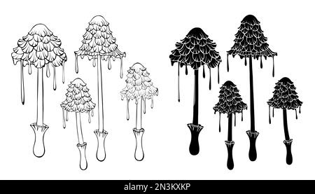 Set of silhouette and contour, isolated, artistically drawn ink mushrooms on white background. Cottagecore. Mushroomcore. Contour and silhouette eleme Stock Vector
