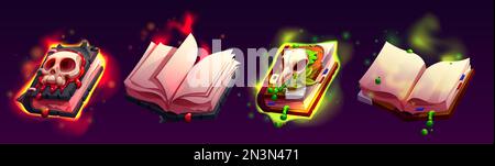 Open and closed magic spell books collection. Cartoon vector illustration set of evil witchcraft volumes decorated with spooky human and animal skulls, glowing with red and green colors. Game props Stock Vector