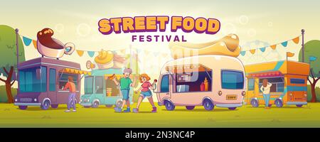 Street food festival poster with people on fair. Summer park landscape with food trucks and happy couple with ice cream and hot dog, vector banner in contemporary style Stock Vector