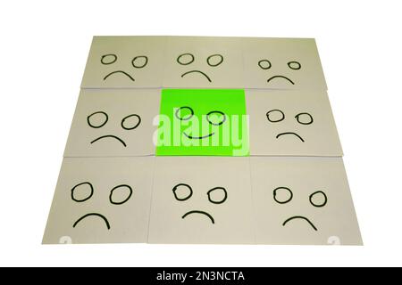 Positive Attitude and Happy Concept. Hand Drawn A Smile Face And Sad Emotion on Sticky Note Background. Stock Photo