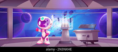 Cartoon vector spaceship with astronaut character background. Futuristic interior inside rocket lab with cosmonaut. Steel metal texture in shuttle control center. Spacecraft room illustration. Stock Vector