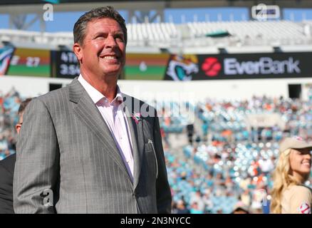 Jacksonville Jaguars vs. Cleveland Browns. NFL Game. American Football  League match. Silhouette of professional player celebrate touch down.  Screen in background. Stock Photo