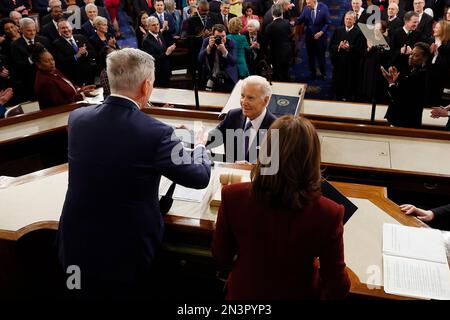 Washington, DC, USA. 07th Feb, 2023. U.S. President Joe Biden greets U.S. Speaker of the House Kevin McCarthy (R-CA) before his State of the Union address in the House Chambers at the U.S. Capitol on February 07, 2023 in Washington, DC. The speech marks Biden's first address to the new Republican-controlled House. Credit: Kevin Dietsch/Pool Via Cnp/Media Punch/Alamy Live News Stock Photo