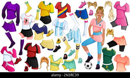 Soccer Paper Doll with Beautiful Woman, Outfits, Hairstyles and Accessories. Vector Illustration Stock Vector