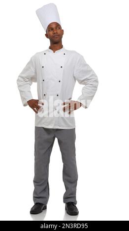Coming up with new culinary delights. A handsome african american chef looking at copyspace thoughtfully. Stock Photo