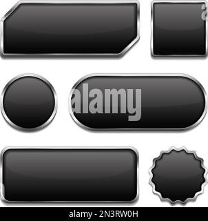 Black buttons with metallic frame, six different shapes, vector eps10 illustration Stock Vector