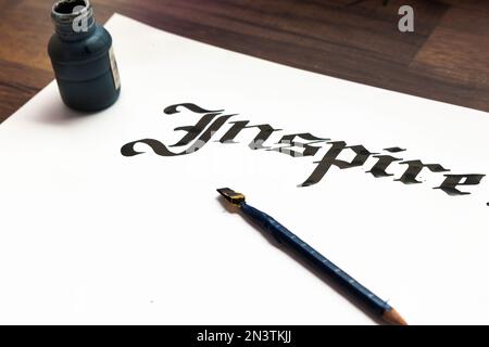 Writer's tools. Ink, paper, pen top view Stock Photo