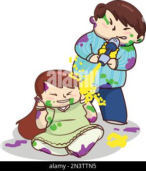 Holi Celebration, Indian festival. Young couple (Friends) Playing Holi celebration poster, banner, wallpaper. vector illustration design. Stock Vector