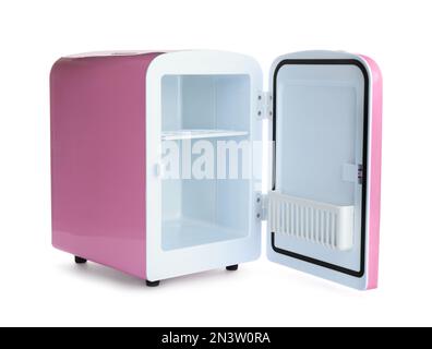 Open pink cosmetics refrigerator isolated on white Stock Photo