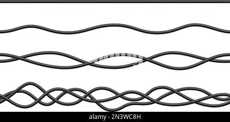 Realistic electrical wires. Cable power energy. Flexible thick network cord. Black electric computer connection wires. Seamless line cable. Vector Stock Vector