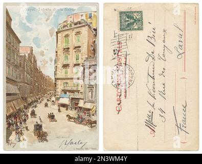 Italian historical postcard: a street of the city of Naples with pedestrians and carriages, sent in France, 1903, with the reverse side, postage stamp Stock Photo