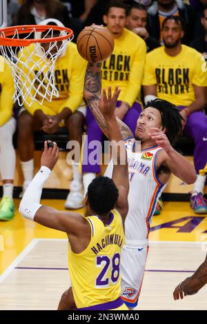 Los Angeles, California, USA. 7th Feb, 2023. Oklahoma City Thunder forward Jaylin Williams (6) goes to basket against Los Angeles Lakers forward Rui Hachimura (28) during an NBA basketball game, Tuesday February 7, 2023, in Los Angeles. (Credit Image: © Ringo Chiu/ZUMA Press Wire) EDITORIAL USAGE ONLY! Not for Commercial USAGE! Credit: ZUMA Press, Inc./Alamy Live News Stock Photo