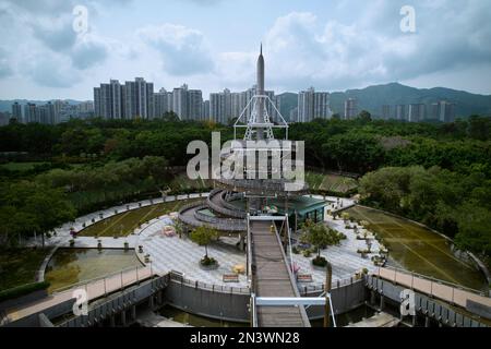 An aerial view of the famous spiral Lookout Tower of Tai Po waterfront park in Hongkong Stock Photo