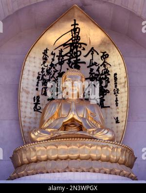 Gilded statue of Buddha on Vishwa Shanti Stupa in Rajgir, Bihar, India, Asia Stock Photo