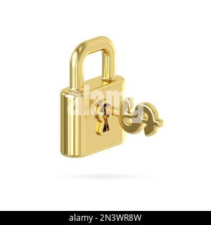Gold metal locked padlock icon. Golden key with a dollar sign inserted in a keyhole isolate on white background. Concept money is the key to everythin Stock Photo
