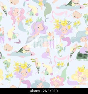Seamless Pattern with Cute Mermaids and Spring Flowers Stock Vector