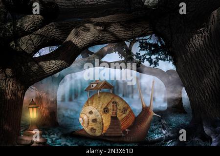 Fantasy world. Magic snail with its shell house moving in dark foggy forest Stock Photo