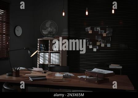Detective office interior with evidence board on wall Stock Photo - Alamy