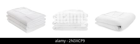 Set of folded blankets isolated on white. Banner design Stock Photo