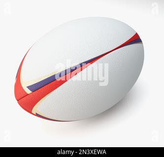 A white textured rugby ball with color design elements on a isolated background - 3D render Stock Photo