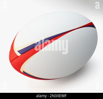 A white textured rugby ball with color design elements on a isolated background - 3D render Stock Photo