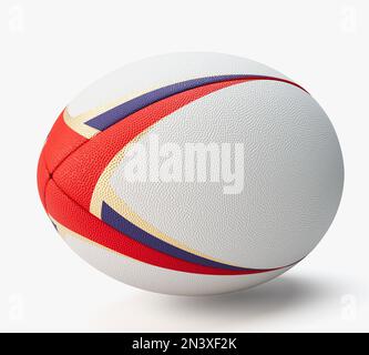 A white textured rugby ball with color design elements on a isolated background - 3D render Stock Photo