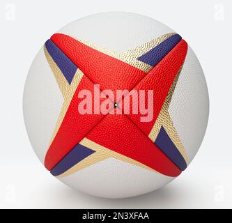 A white textured rugby ball with color design elements on a isolated background - 3D render Stock Photo