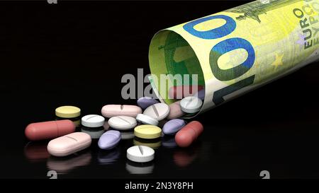 Various pills and euro bill - medicines and costs Stock Photo