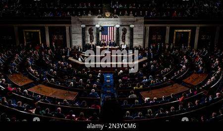 Washington, United States. 07th Feb, 2023. President Joe Biden giving the State of the Union Address in the House Chamber at the U.S. Capitol. Credit: SOPA Images Limited/Alamy Live News Stock Photo