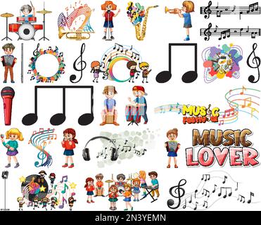 Kids musical instruments and music symbols set illustration Stock Vector