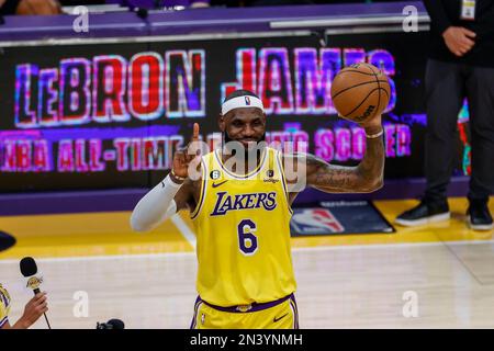 Los Angeles, United States. 07th Feb, 2023. Los Angeles Lakers forward, LeBron James celebrates after scoring to pass Kareem Abdul-Jabbar to become the NBA's all-time leading scorer during an NBA basketball game against the Oklahoma City Thunder. Credit: SOPA Images Limited/Alamy Live News Stock Photo