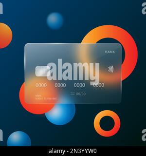 A credit card in the style of glasmophism on an abstract dark blue background. Stock Vector