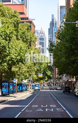 A bus lane running down York Street in the Wynyard area of the Sydney central business district Stock Photo