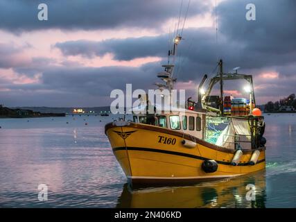 Crosshaven, Cork, Ireland. 08th February, 2023. Fishing boat Celtic Sun motors through the harbour at dawn,  as she makes her way to the pier to unload her catch of Hake at Crosshaven, Co. Cork, Ireland. - Credit; David Creedon / Alamy Live News Stock Photo