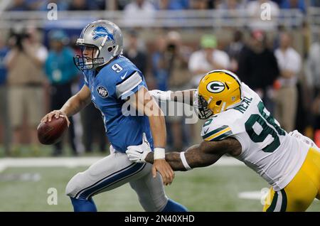 Detroit Lions quarterback Matthew Stafford (9) is sacked by San Diego  Chargers defensive end Vaughn Martin (92) during the first quarter of an  NFL football game in Detroit, Saturday, Dec. 24, 2011. (