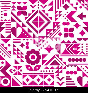Bauhaus inspired vector seamless pattern with hearts, flowers and geometric shapes in pink on white,  modern abstract design Stock Vector