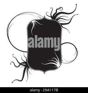 Label frame design with sea monster, kraken or Cthulhu tentacles. Black and white mystic style isolated on white background. Vector illustration Stock Vector